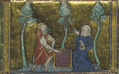 Fig.f. Dama in conversazione mentre tiene in braccio il cane da compagnia (Morte Artu, 1315-1325   circa, Royal MS 14 E. iii, British Library, London).